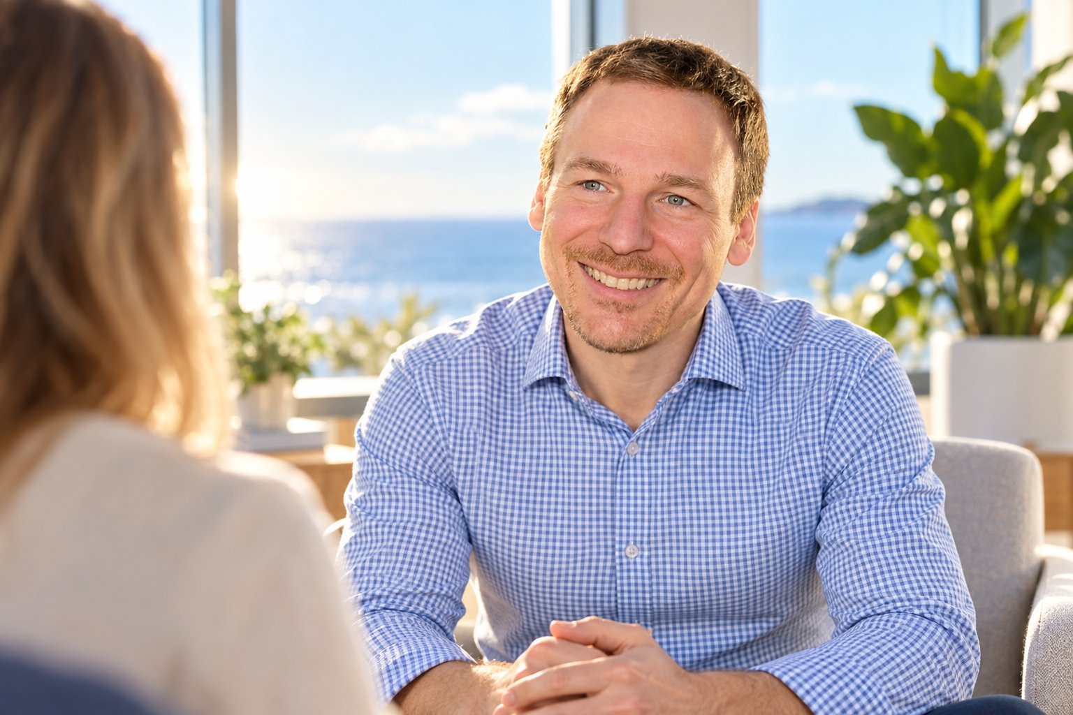 Johannes Jägers im Coaching-Gespräch mit einer Klientin in hellem Raum mit Meerblick