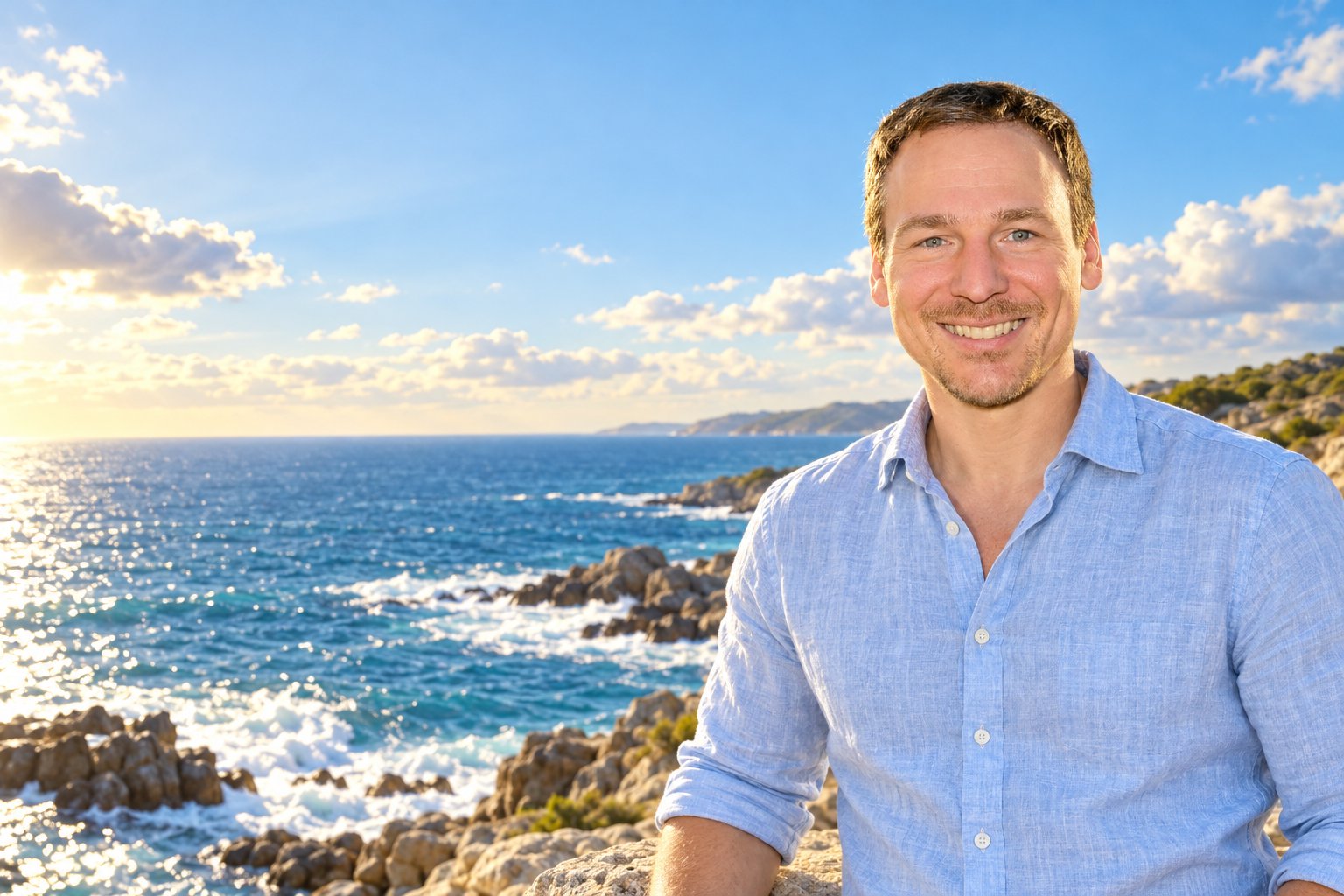 Johannes Jägers lächelnd an der sonnigen Felsküste, hinter ihm das Meer