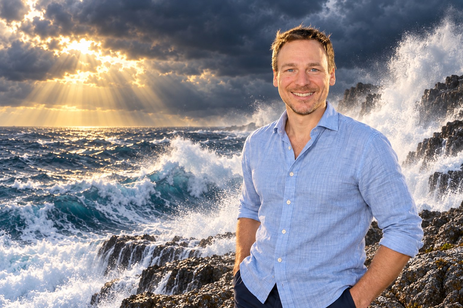 Johannes Jägers steht lächelnd auf einer Klippe – um ihn herum Sturm, Wellen schlagen an den Felsen hoch, die Sonne bricht durch