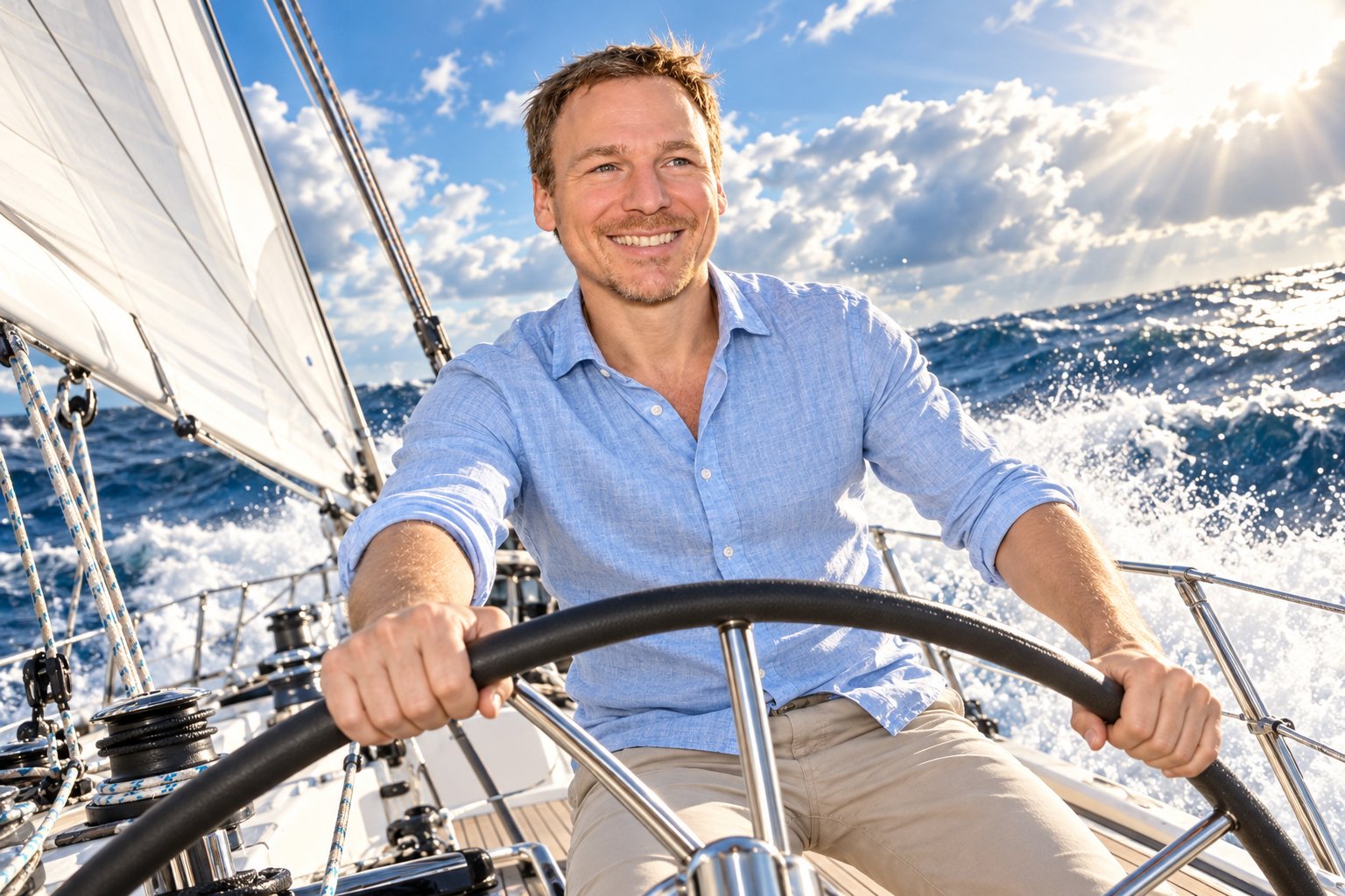 Johannes am Steuer einer Segelyacht – Segel gesetzt, volle Fahrt voraus durch Wellen, Sonne und Wolken