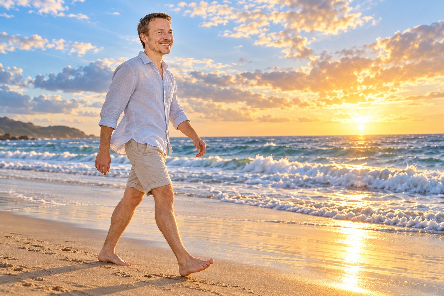 Johannes Jägers geht barfuß und lächelnd am sonnigen Strand entlang