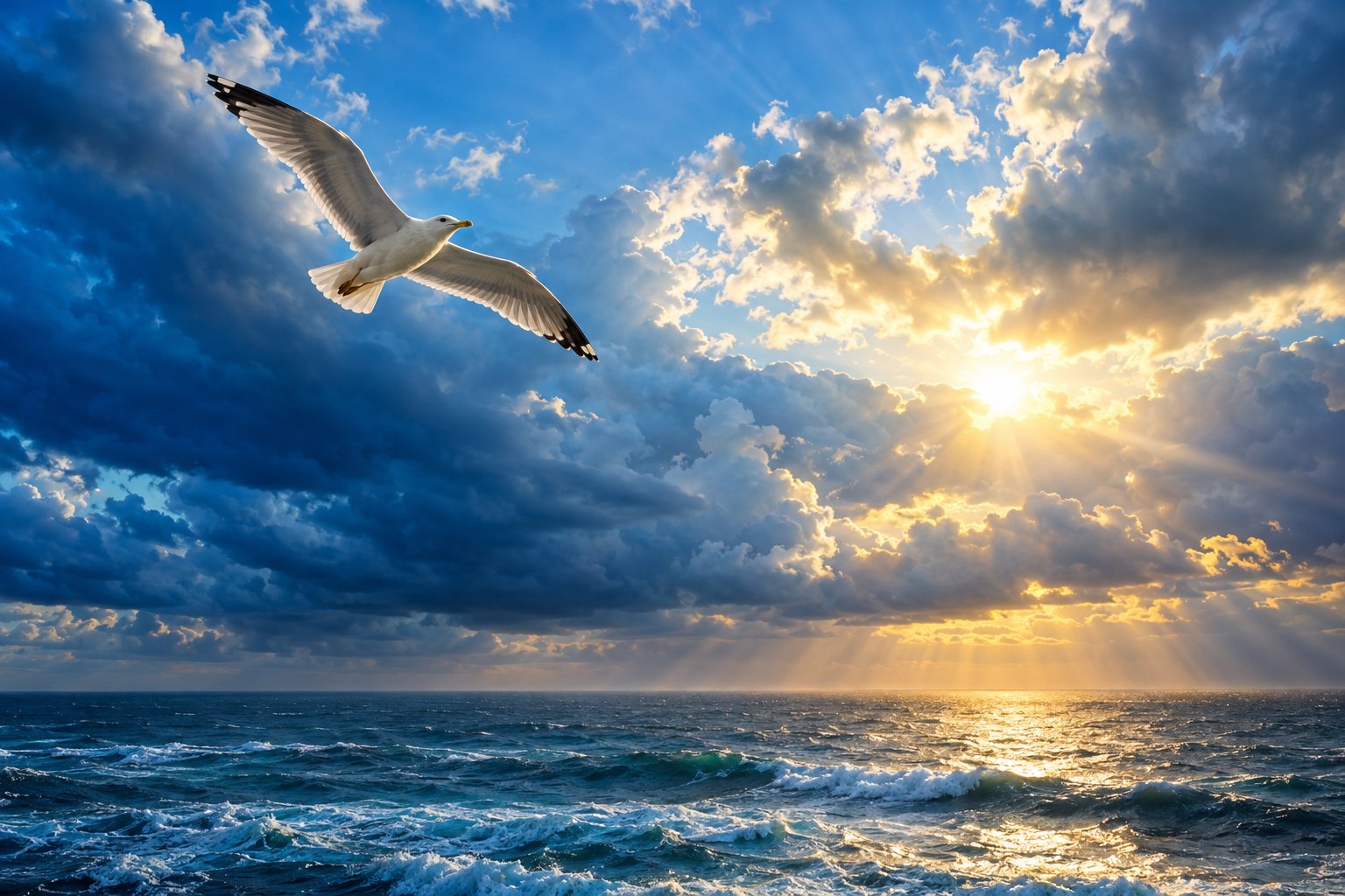 Möwe fliegt frei durch aufreißende Sturmwolken